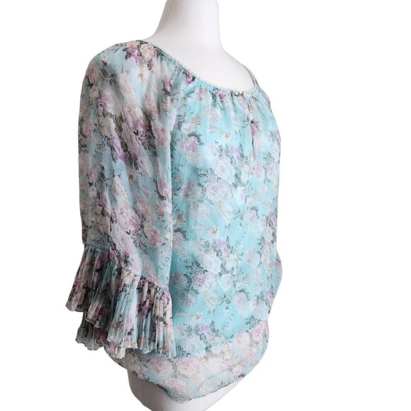 Floral Sheer Bell Sleeve Pleated Blouse Rose Pastel fairy‎ Small Romantic - Picture 5 of 16